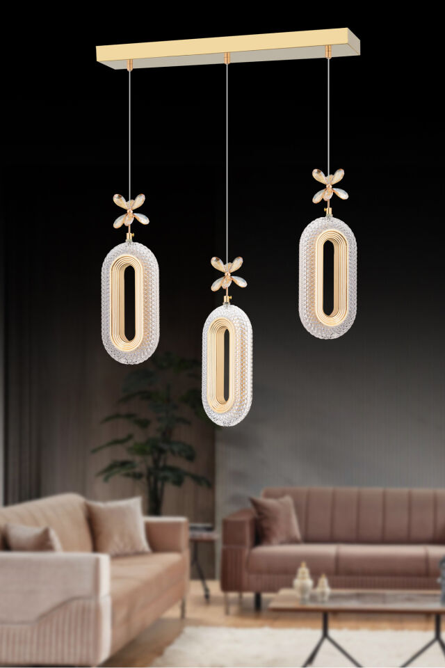 Led Alfa 3'lü Sıralı Gold Yemek Masası Kumandalı 3 Renk Ledli Modern Led Avize