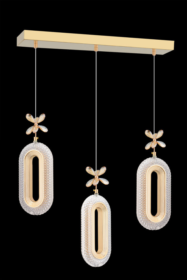 Led Alfa 3'lü Sıralı Gold Yemek Masası Kumandalı 3 Renk Ledli Modern Led Avize