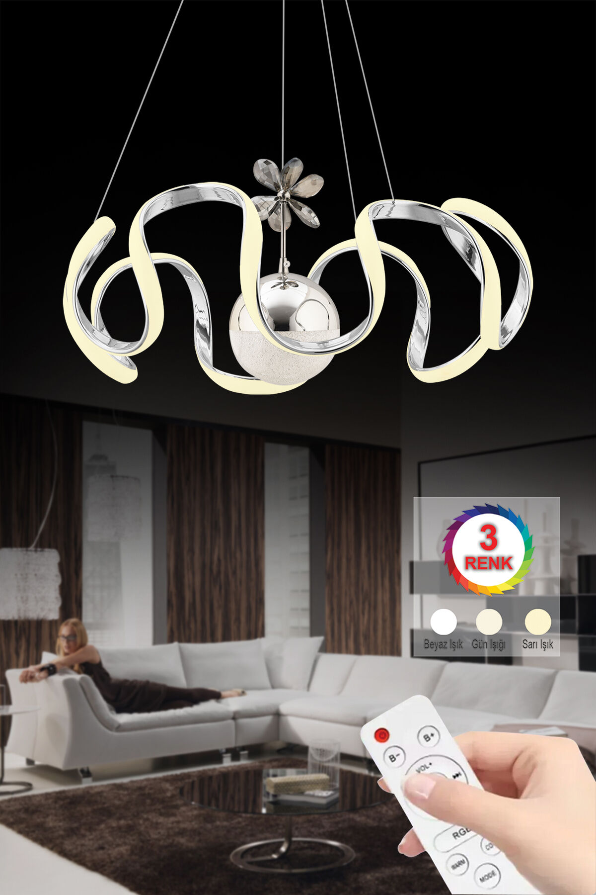 İstanbul Avize Beren Gümüş Ledli Kumandalı Modern 3 Renk Led Avize