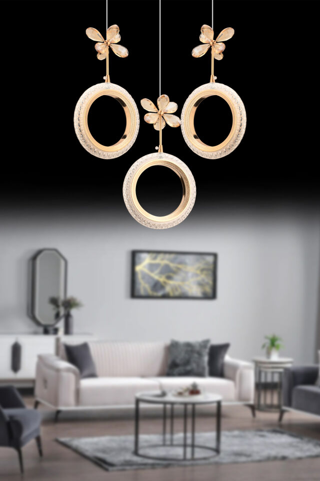 Halka 3'lü Gold Kumandalı 3 Renk Ledli Modern Led Avize