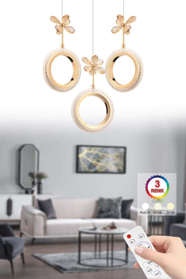 Halka 3'lü Gold Kumandalı 3 Renk Ledli Modern Led Avize
