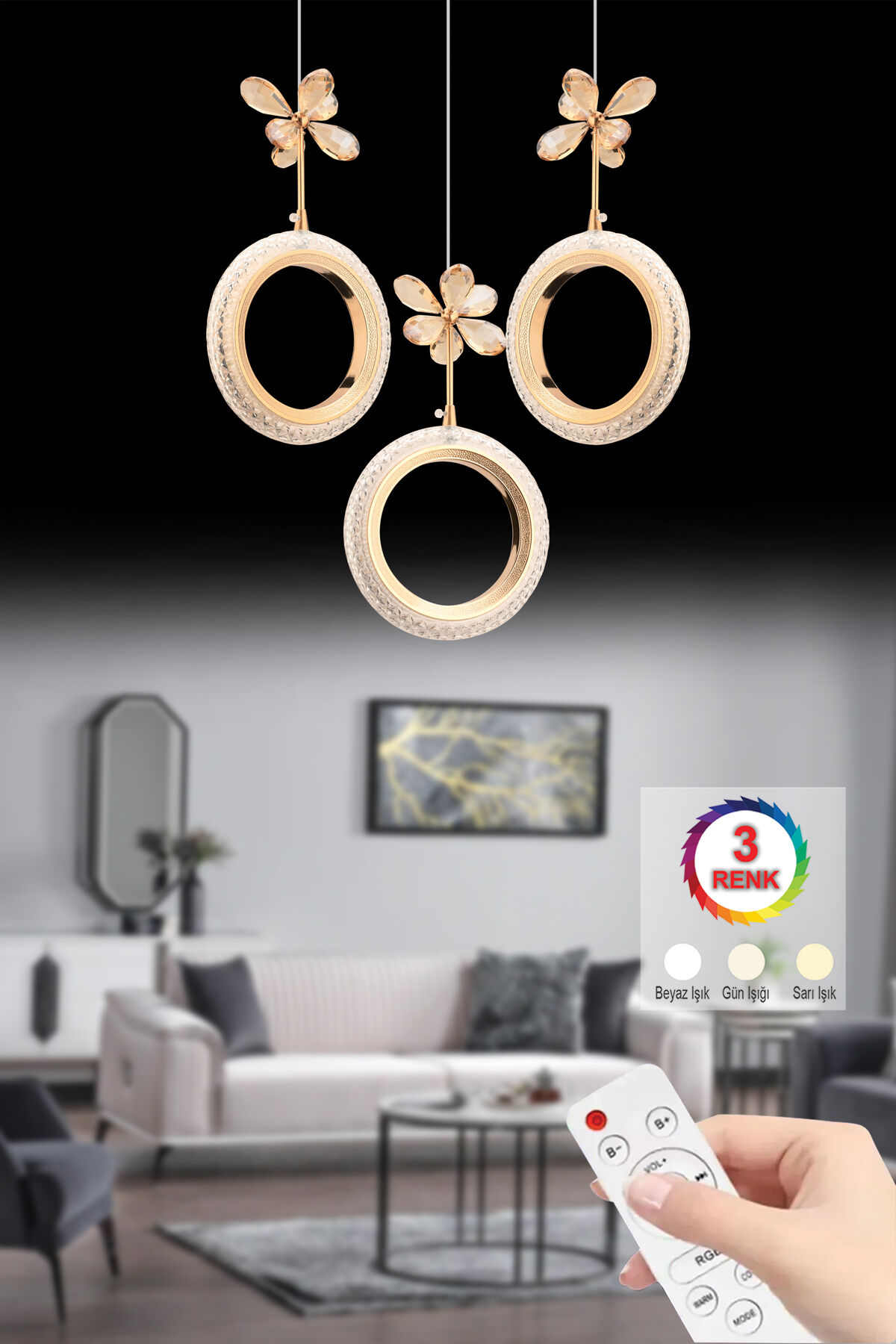 Halka 3'lü Gold Kumandalı 3 Renk Ledli Modern Led Avize