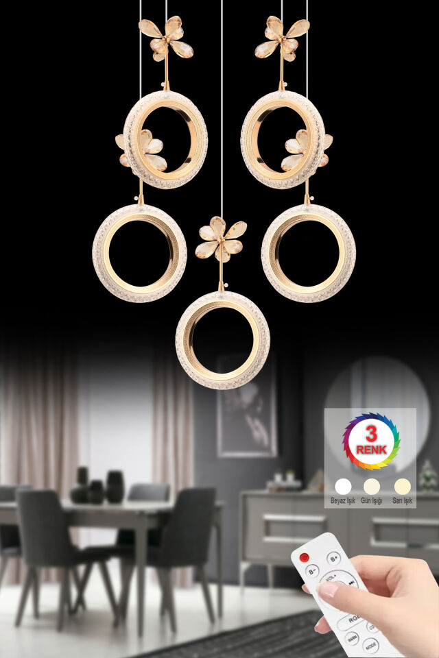 Halka 5'li Gold Kumandalı 3 Renk Ledli Modern Led Avize