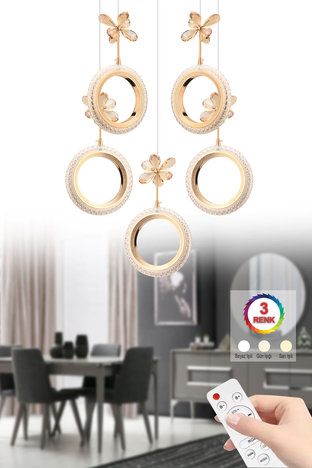 Halka 5'li Gold Kumandalı 3 Renk Ledli Modern Led Avize