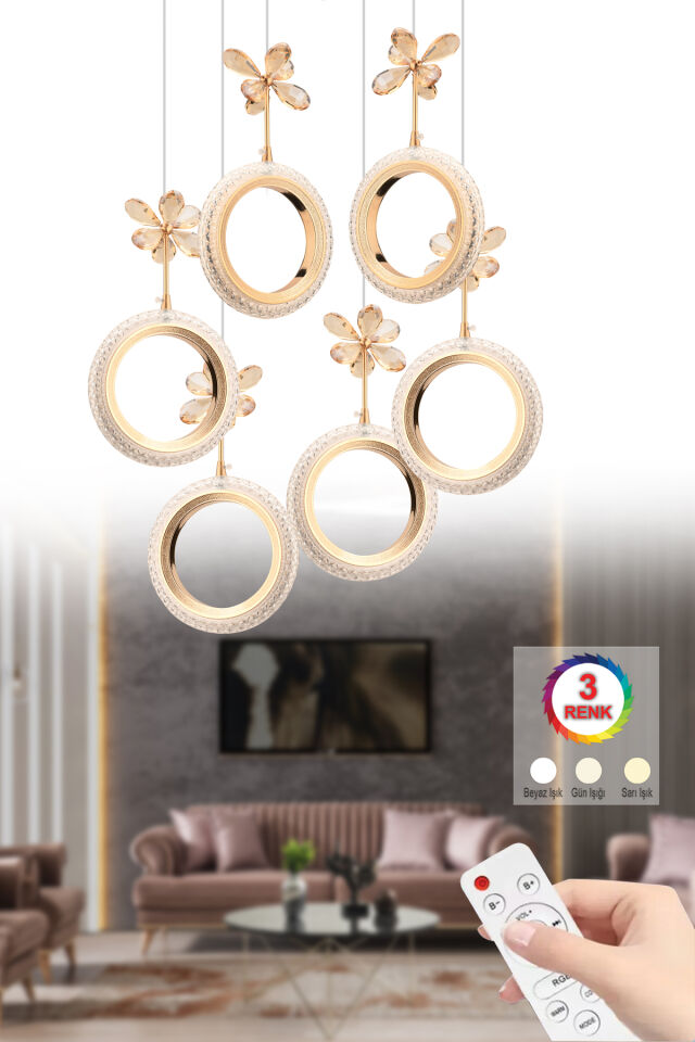 Halka 6'lı Gold Kumandalı 3 Renk Ledli Modern Led Avize