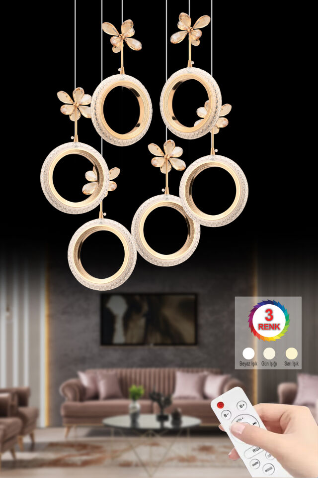 Halka 6'lı Gold Kumandalı 3 Renk Ledli Modern Led Avize