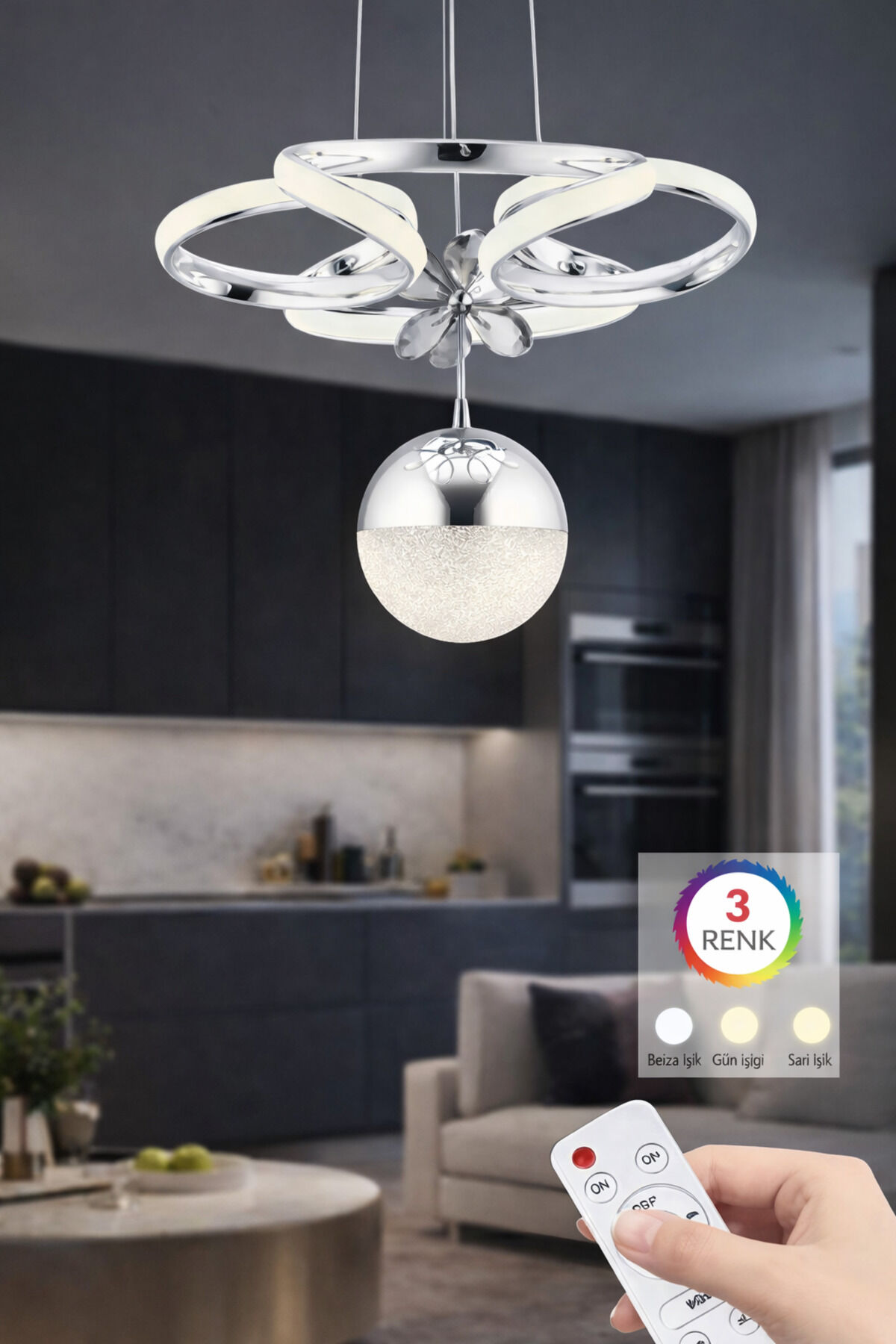 Dreon Kumandalı 3 Renk Gümüş Ledli Modern Avize