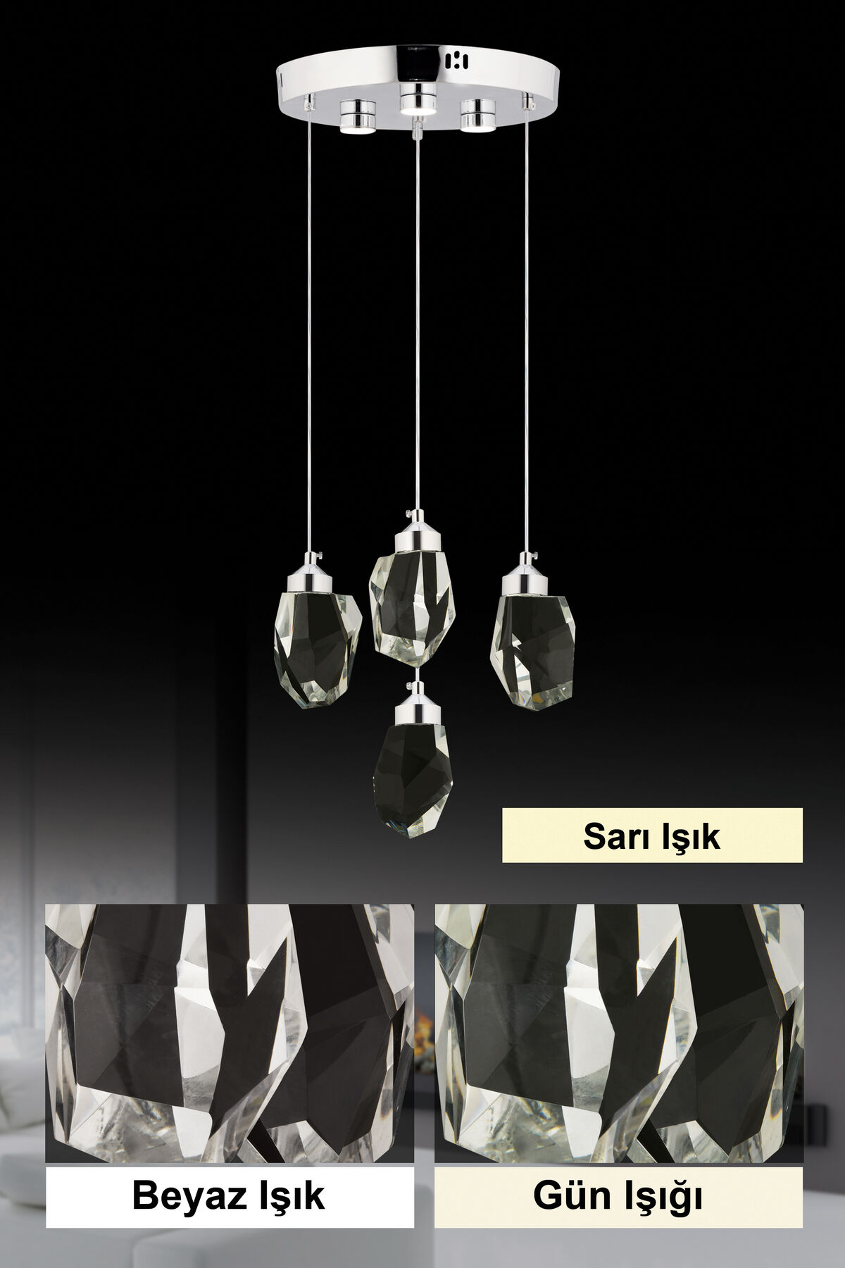 İstanbul Avize Liya 4'lü Gümüş 3 Renk Led Lüx Modern Ledli Avize