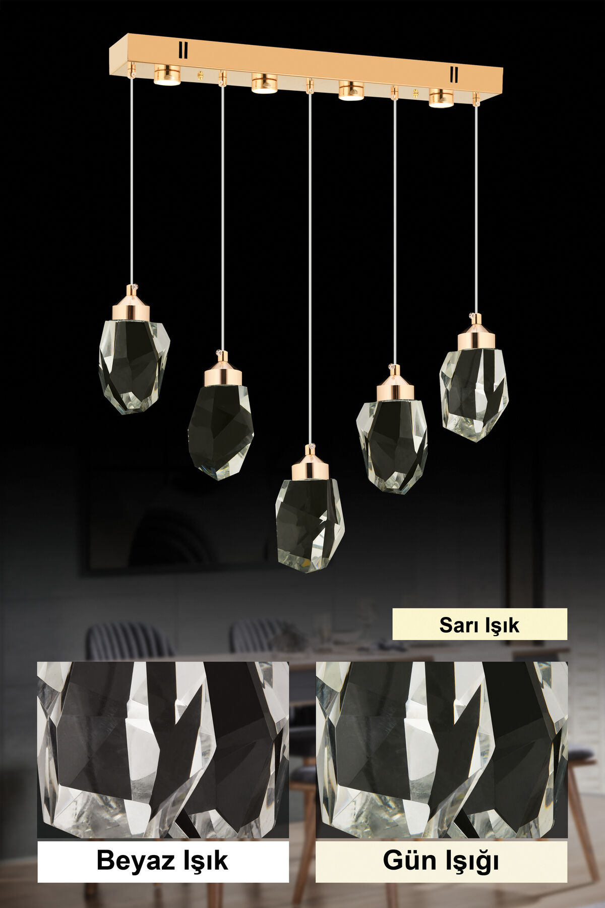 İstanbul Avize Yemek Masası Liya 5'li Gold Led Kristal Taşlı Modern Ledli Avize