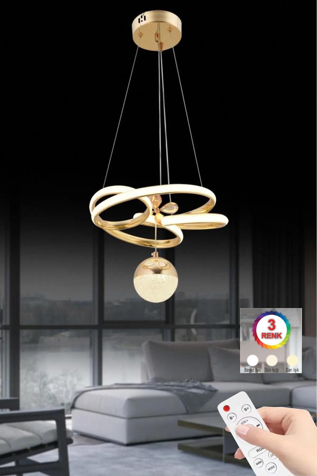 İstanbul Avize Katre Led Kumandalı Üç Renk Gold Lüx Modern Ledli Avize
