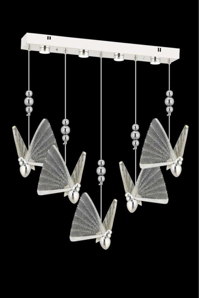 İstanbul Avize İpek Yemek Masası 5'li Gümüş Ledli 3 Renk Modern Led Avize