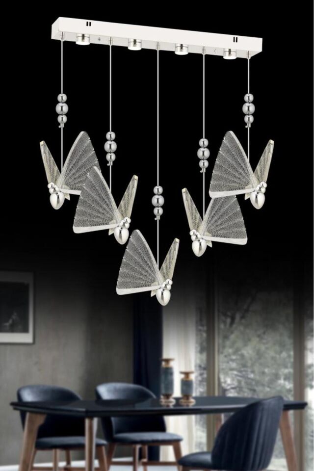 İstanbul Avize İpek Yemek Masası 5'li Gümüş Ledli 3 Renk Modern Led Avize