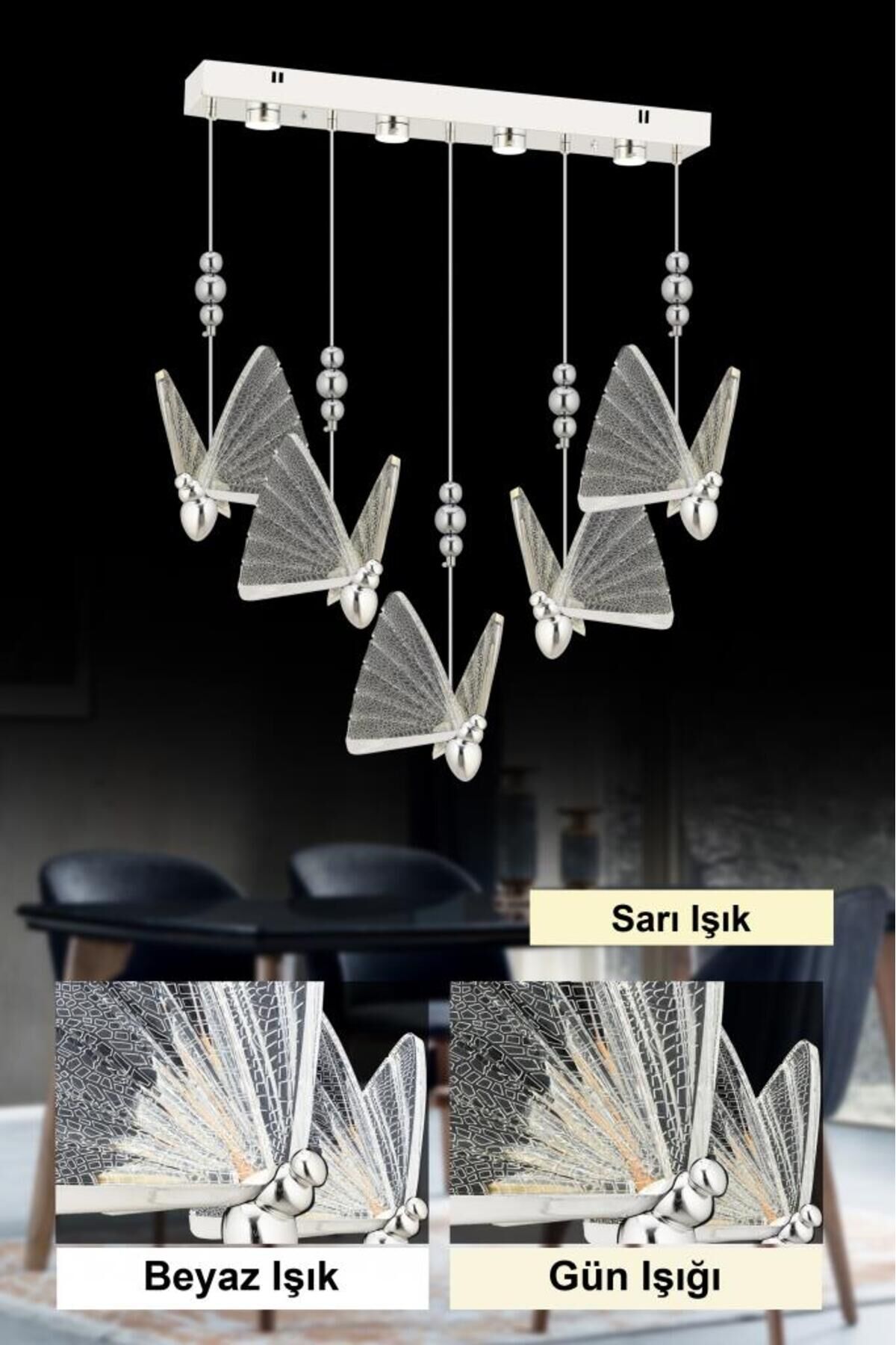 İstanbul Avize İpek Yemek Masası 5'li Gümüş Ledli 3 Renk Modern Led Avize