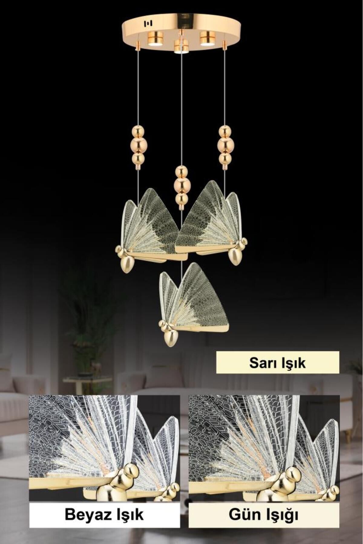 İstanbul Avize İpek 3'lü Gold Ledli 3 Renk Modern Led Avize