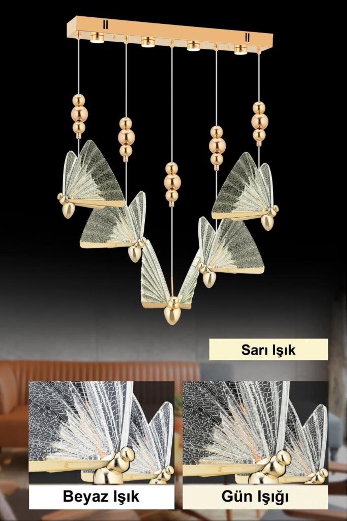İstanbul Avize İpek Yemek Masası 5'li Gold Ledli 3 Renk Modern Led Avize