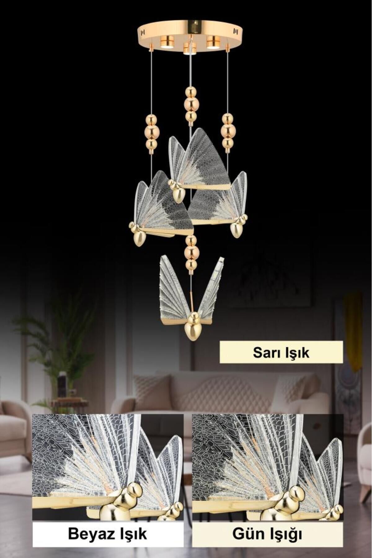 İstanbul Avize İpek 4'lü Gold Ledli 3 Renk Modern Led Avize