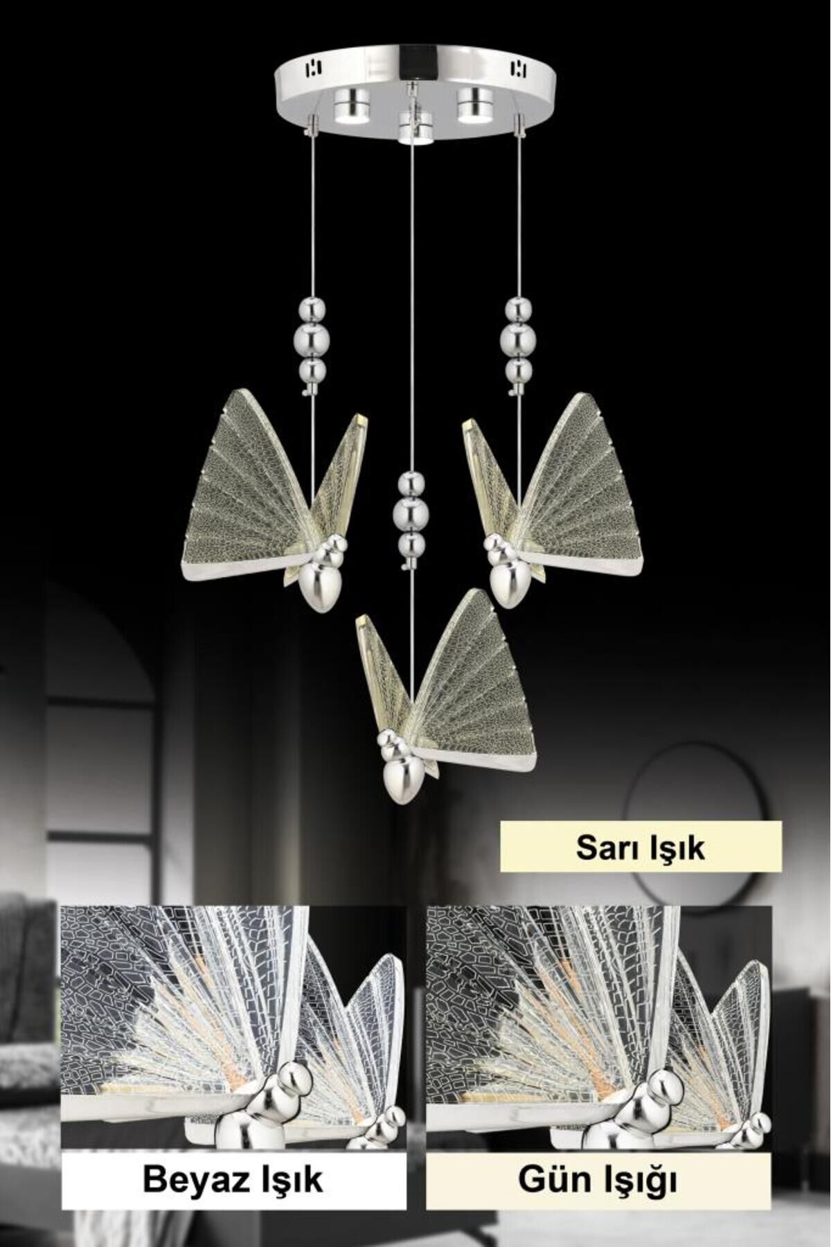 İstanbul Avize İpek 3'lü Gümüş Ledli 3 Renk Modern Led Avize