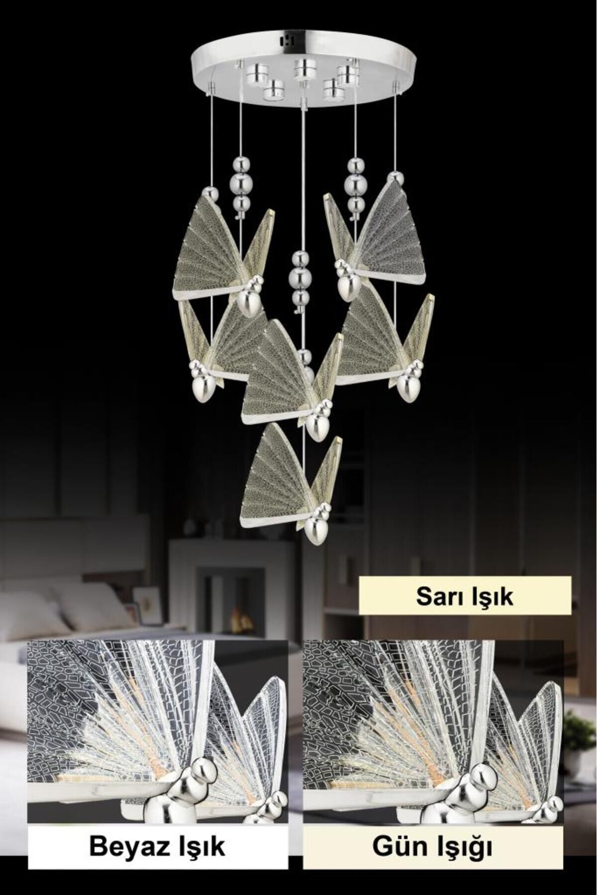 İstanbul Avize İpek 6'lı Gümüş Ledli 3 Renk Modern Led Avize