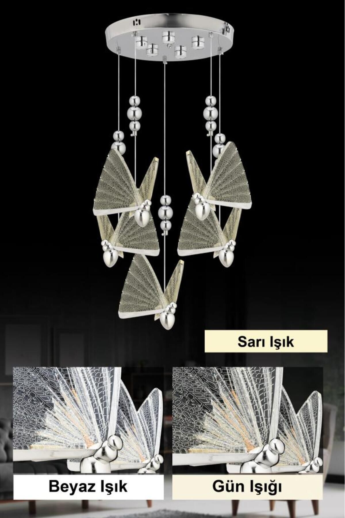 İstanbul Avize İpek 5'li Gümüş Ledli 3 Renk Modern Led Avize