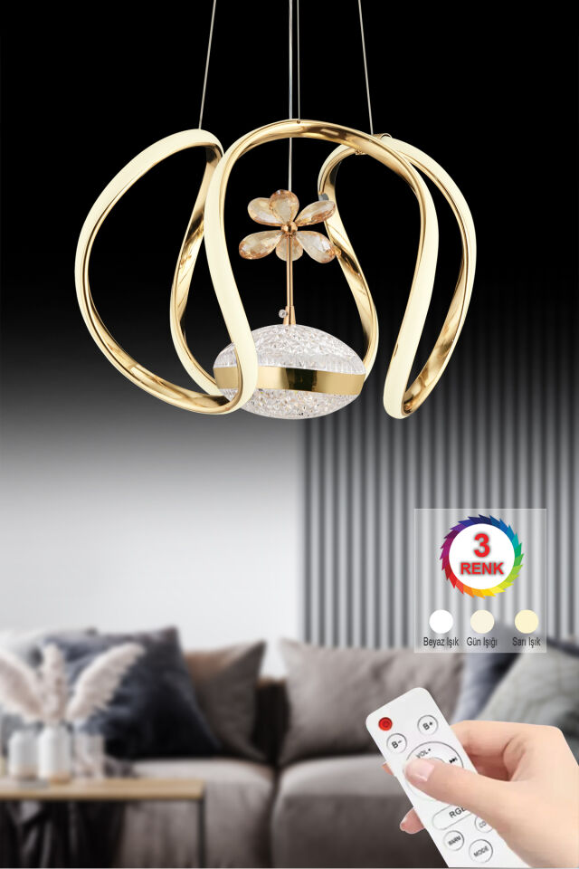 Lina Kumandalı Gold Bigie Kasalı 3 Renk Ledli Modern Led Avize