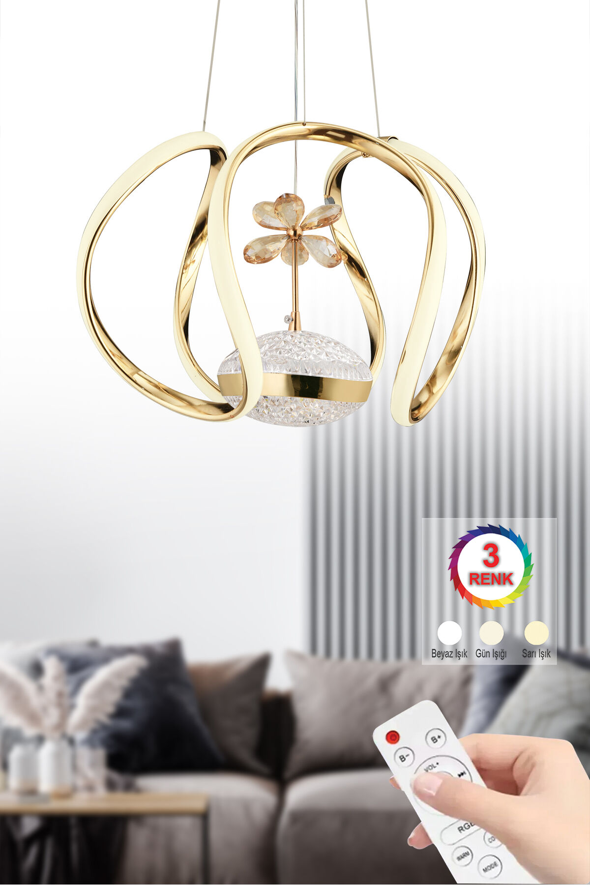 Lina Kumandalı Gold Bigie Kasalı 3 Renk Ledli Modern Led Avize