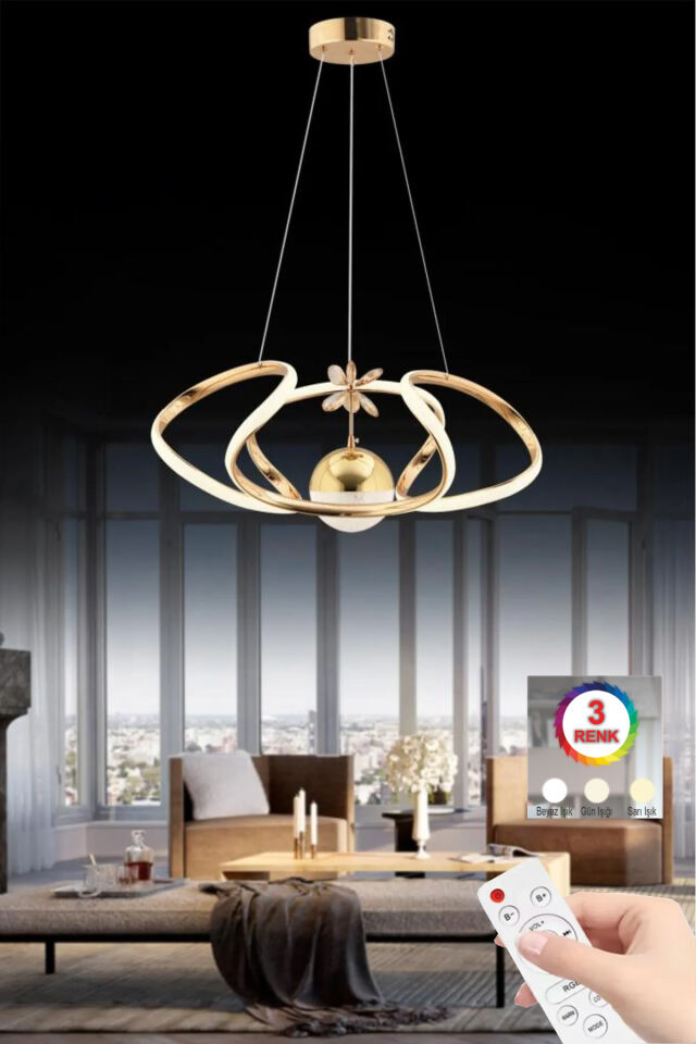 İstanbul Avize Vegi Gold Ledli Lüx Modern Kumandalı 3 Renk Led Avize