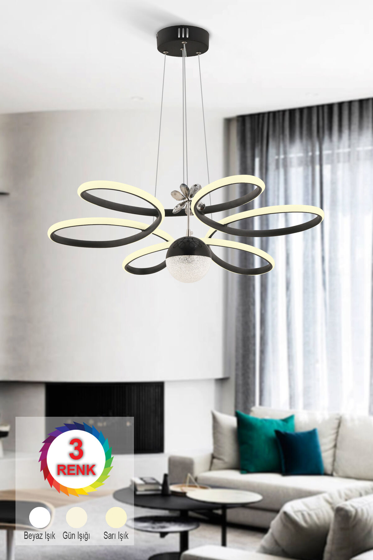 İstanbul Avize Papatya Siyah 3 Renk Ledli Kumandalı Modern Led Avize