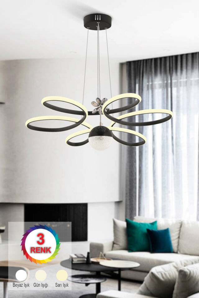İstanbul Avize Papatya Siyah 3 Renk Ledli Kumandalı Modern Led Avize