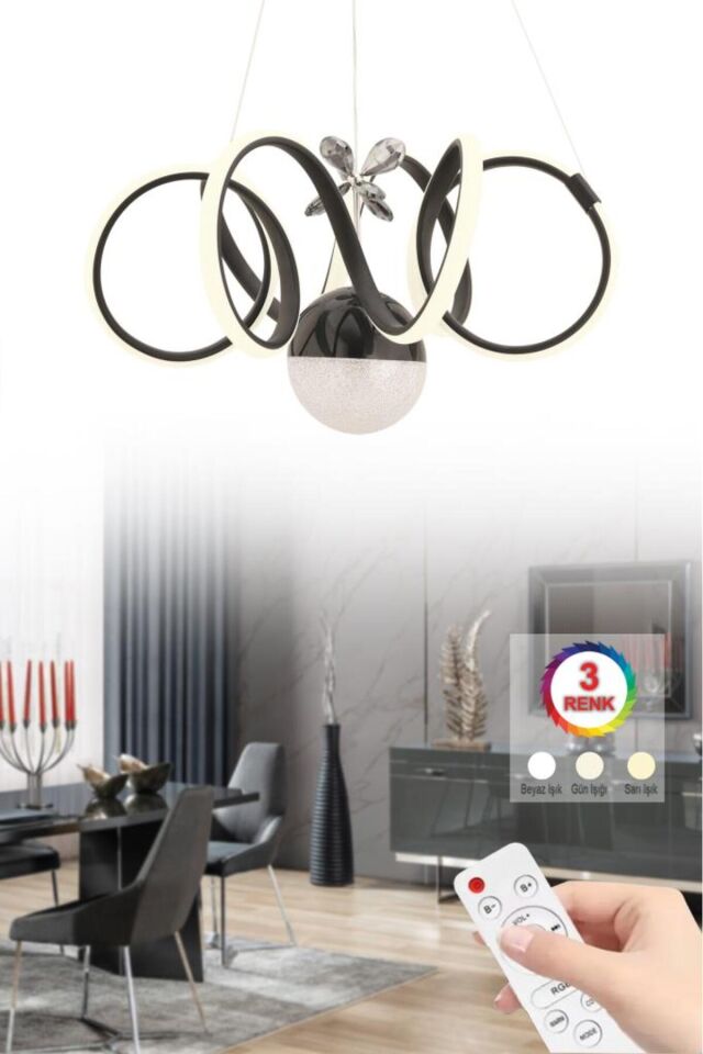 İstanbul Avize Aura Siyah Kumandalı Ledli Modern 3 Renk Led Avize