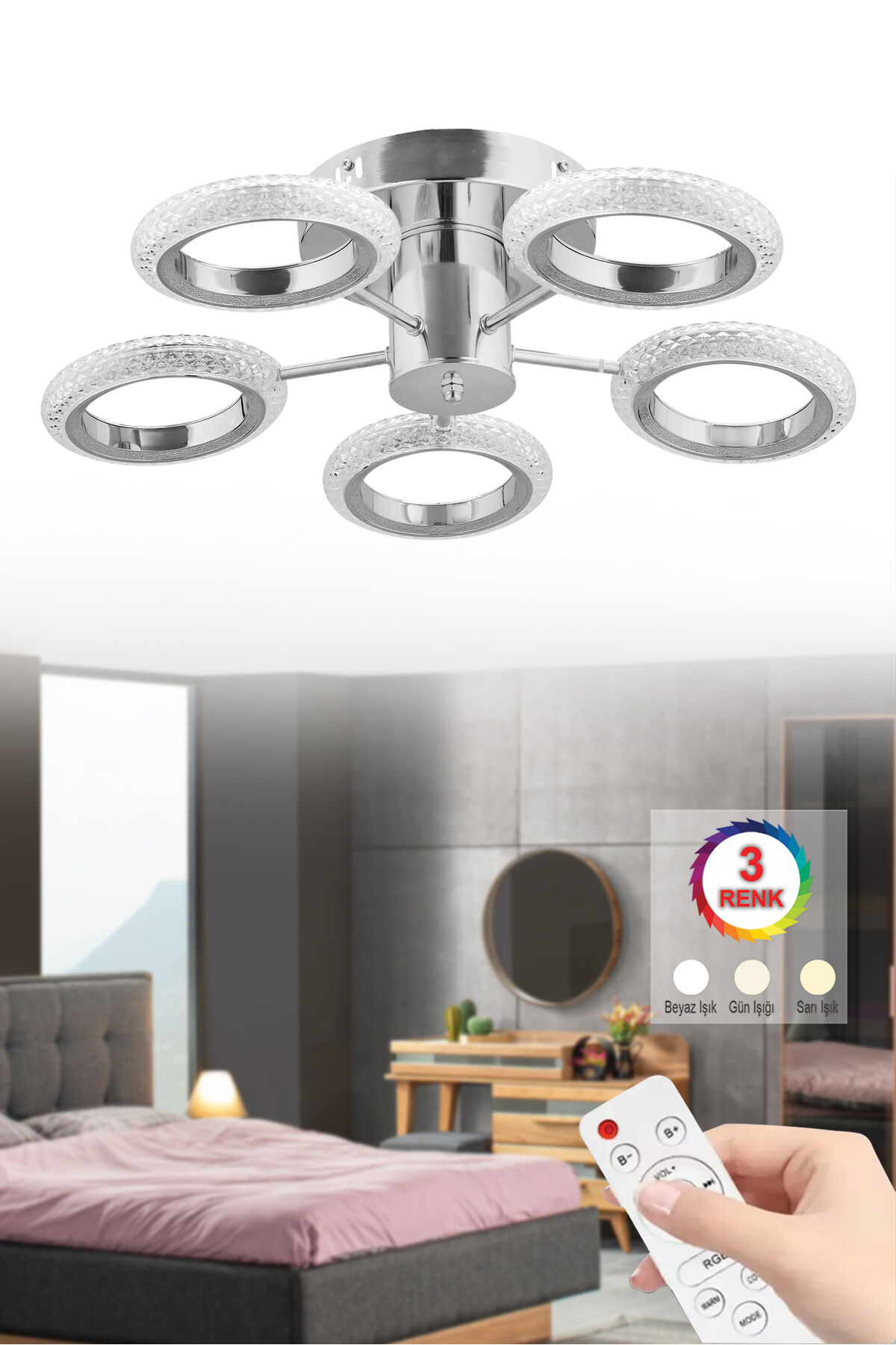 İstanbul Avize Halka Plafonyer Tavan Gümüş 5'li Kumandalı 3 Renk Led Lüx Modern Ledli Avize