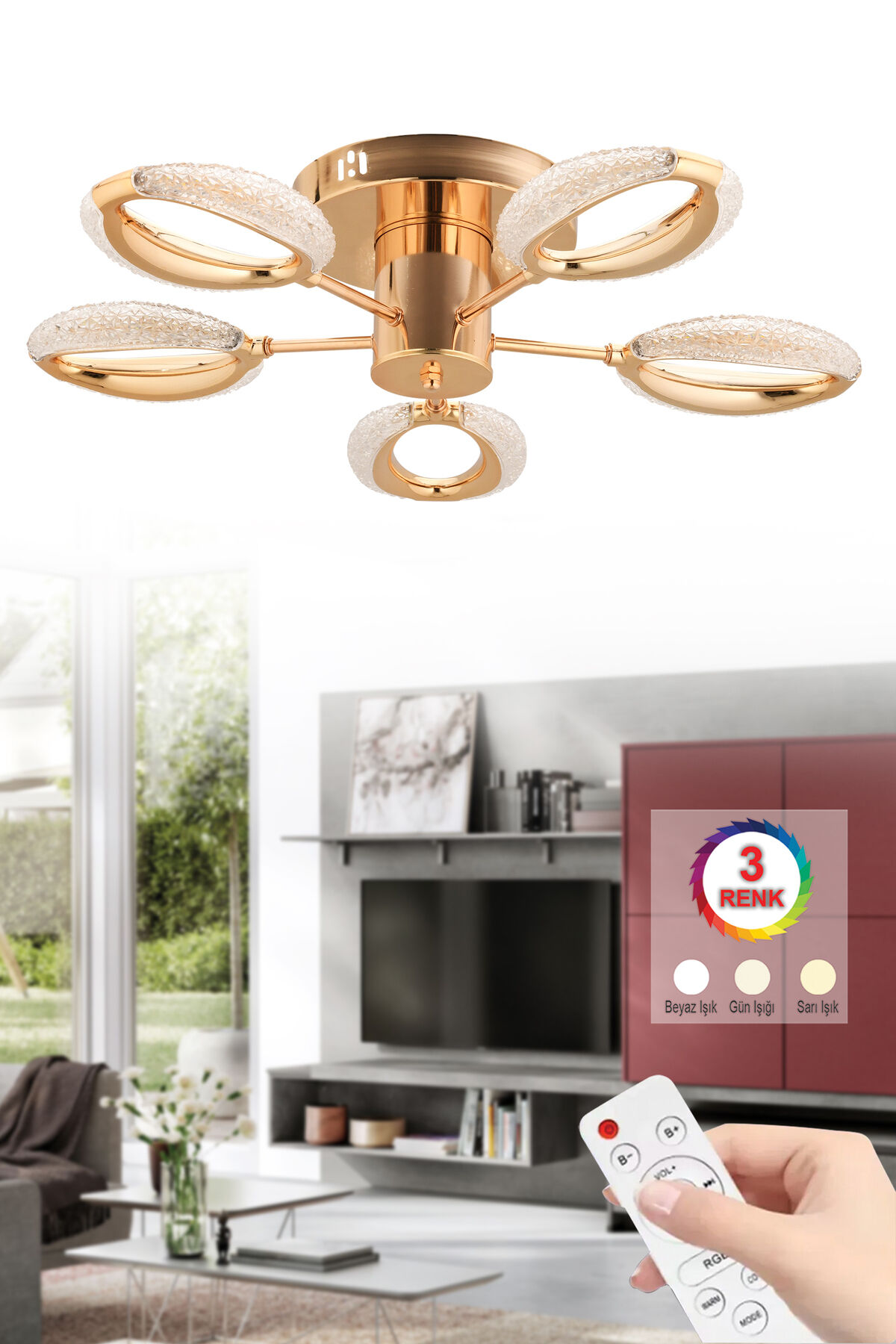 İstanbul Avize Zeus Plafonyer Tavan Gold 5'li Kumandalı 3 Renk Led Lüx Modern Ledli Avize