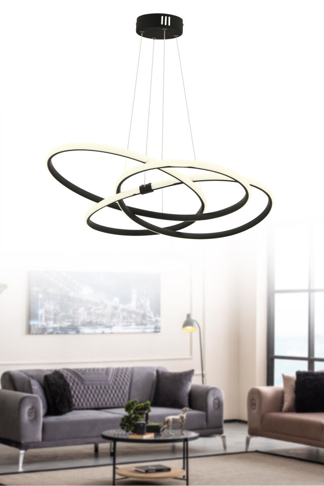 Kuvars Lüx Led 3 Renk Kumandalı Siyah Modern Ledli Avize