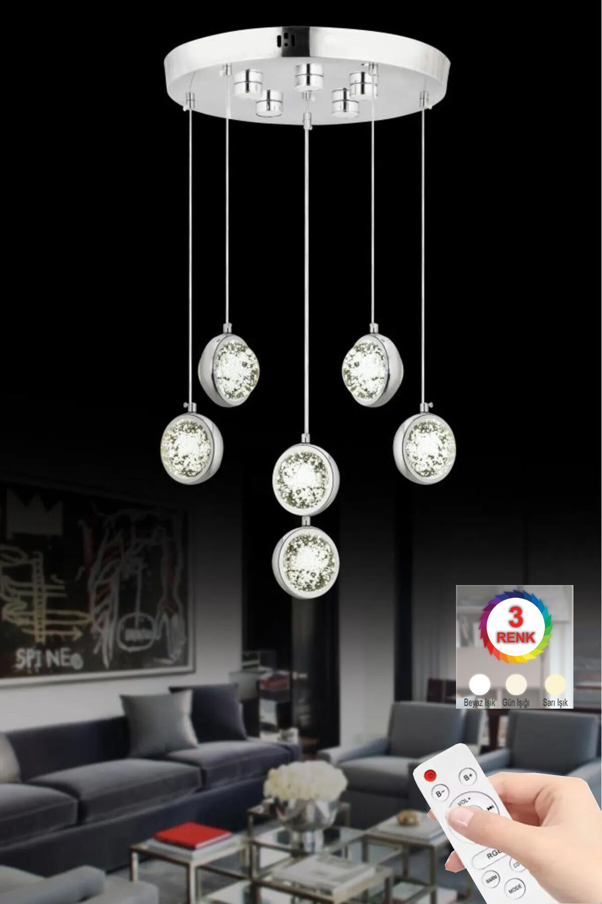 Dünya 6 lı Gümüş Ledli Modern Kumandalı 3 Renk Led Avize