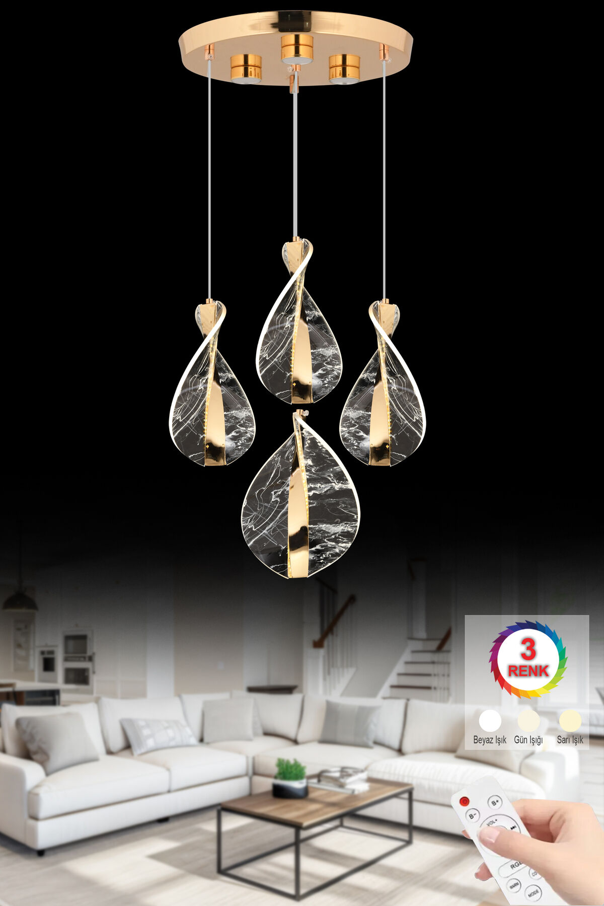 Neptün 4'lü Gold Kumandalı 3 Renk Ledli Modern Lüx Led Avize